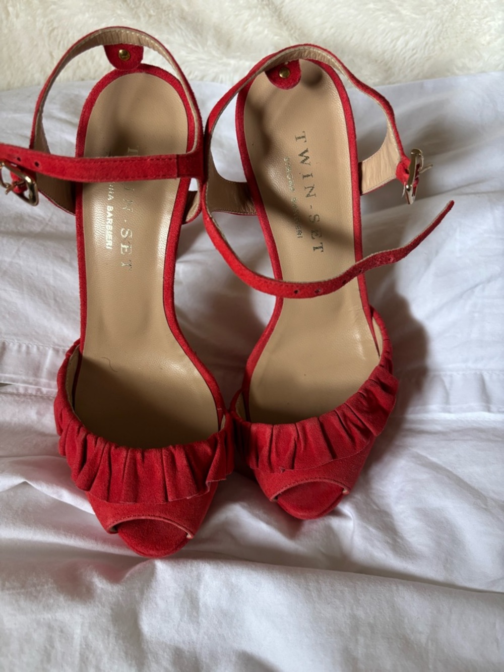 Coral Ruffle Platform Ankle-Strap Heels - Designer Style - Picture 2 of 4